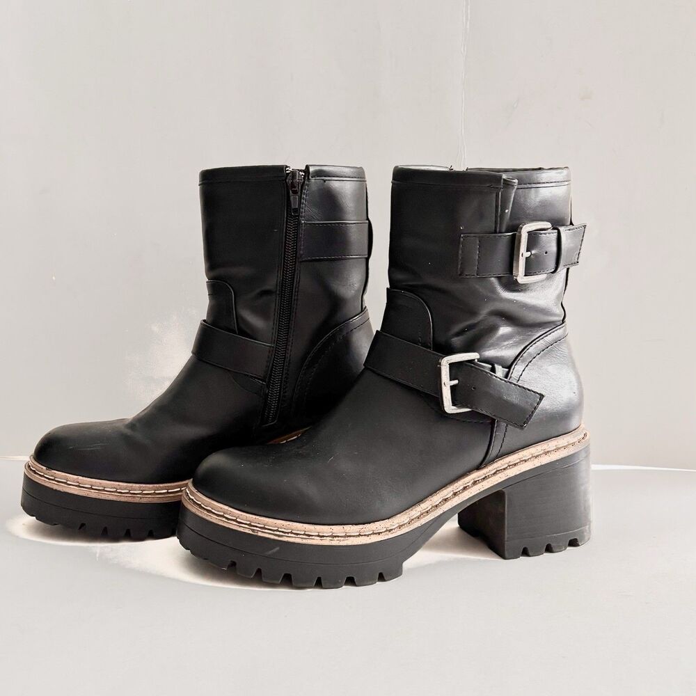 Esprit Women’s 7 Black Faux Leather Biker Platform Mid Calf Chunky Boot Lug Sole